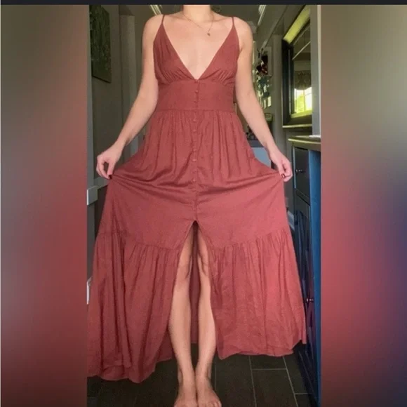 Abercrombie & Fitch Terracotta Button Through Linen Blend Maxi Dress - SP