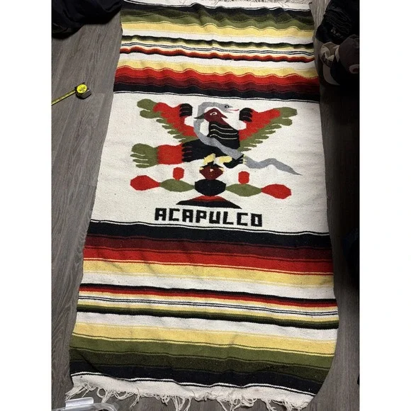 LARGE MEXICO SERAPE SALTILLO WOVEN BLANKET RUG THUNDERBIRD‎ w/SNAKE 82x44