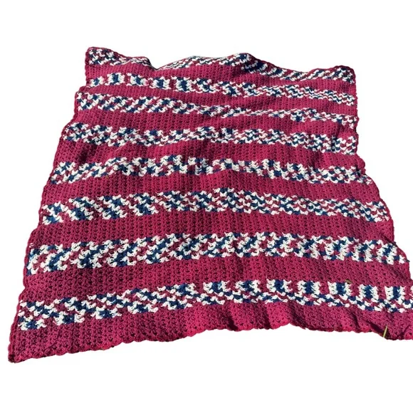 Vintage Handmade‎ Crochet Afghan Blanket Red White Blue 56” Square Throw