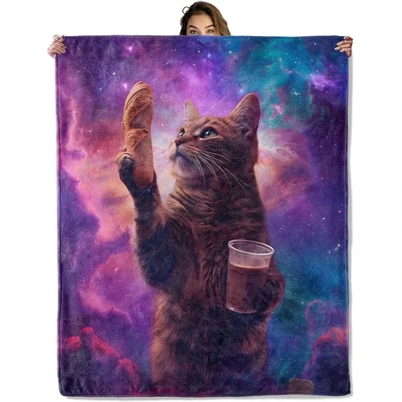 Funny‎ Space Cat Fleece Throw Blanket Baguette Galaxy Purple Blue 3D Print