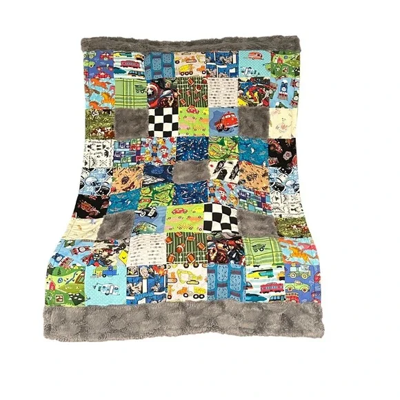 Handmade 54x37 Sensory Squares Blanket Kid Faux Fur Trim Tie Dyed Fleece Backing