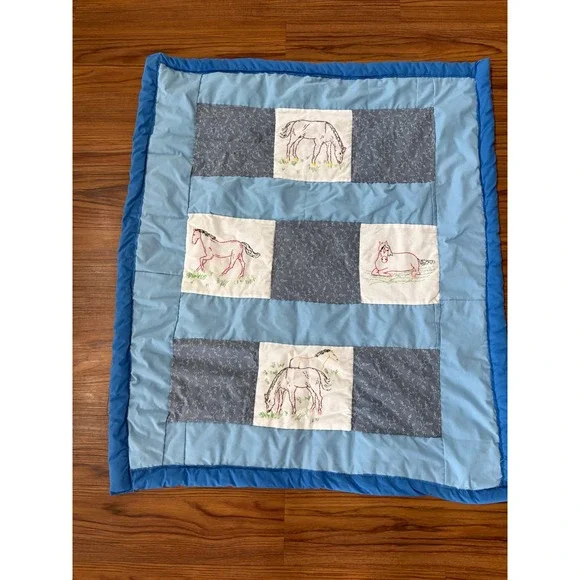 Vintage handmade horse equestrian baby crib blanket blue embroidery
