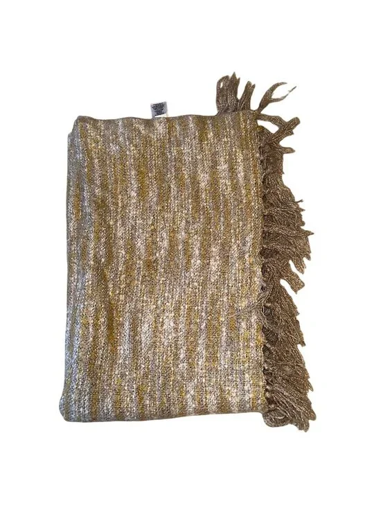 West Elm Throw Blanket Tan Nubby Acrylic Fringe Shawl Wrap 44x56 Marled Minimal