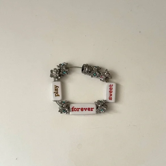 Silver & White Beaded Stretchy Charm Bracelet