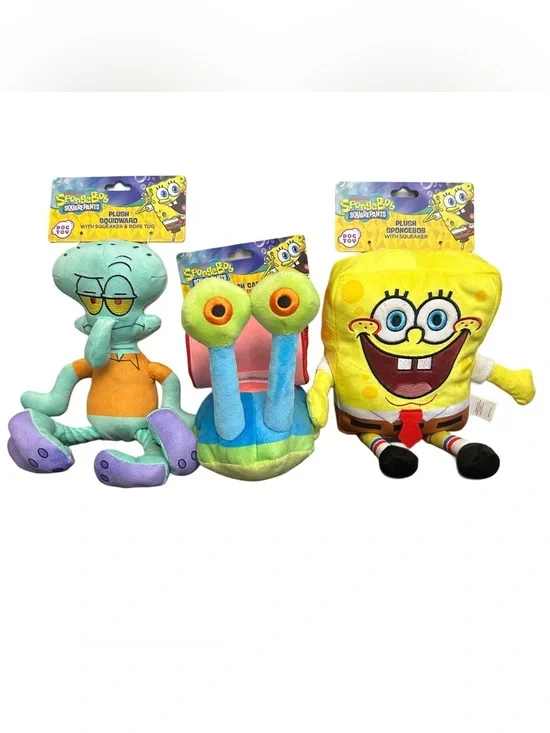 SpongeBob Dog Toy Lot Plush Squeaker Rope Tug Treat Dispenser Gary Squidward New