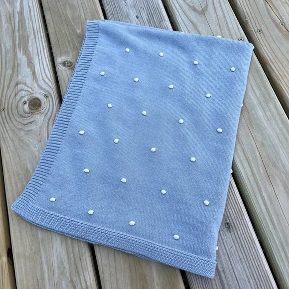 Pottery Barn Kids Blanket Throw Baby Blanket Blue Knit White Dot 100% Cotton