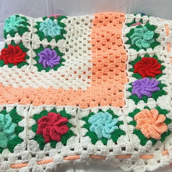 Throw Floral Knitted Hand Made Crafted 46 x43