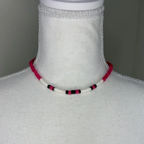Retro Pink, Brown & White “Surfer Girl” Beaded Necklace