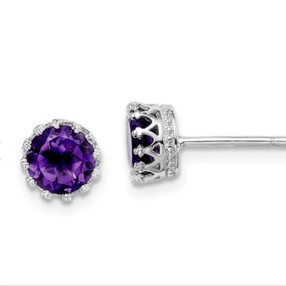 Jewelry Vine Amethyst Crown Stud Earrings in Rhodium Plated Sterling Silver