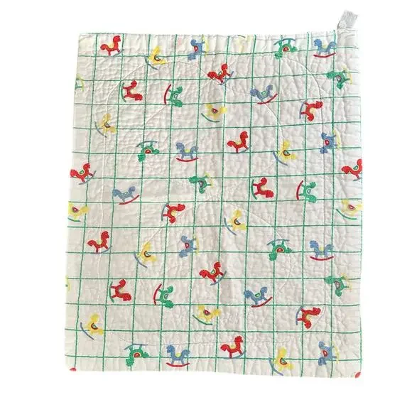 Vintage 80s Quilted White Green Grid Rainbow Rocking Horse Print Baby Blanket