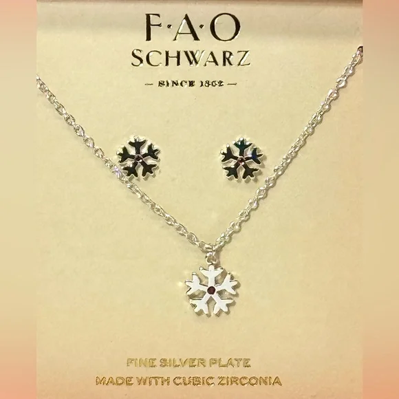 FAO Schwarz Fine Silver Plate SnowFlake Earring Necklace Set