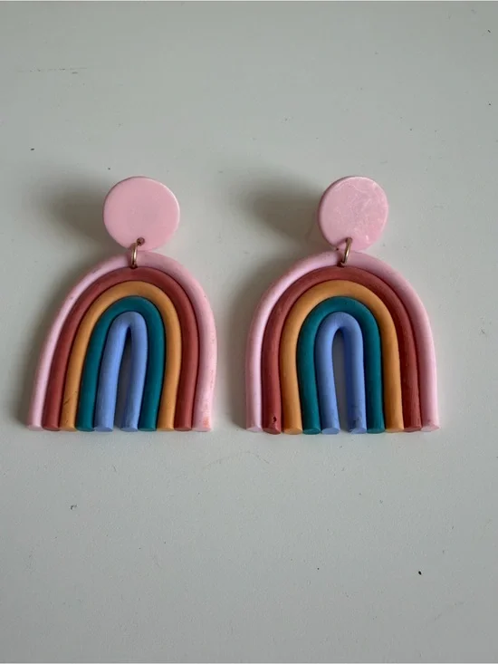 Kids Pink Rainbow Clay Drop Earrings — Colorful Arch Dangles