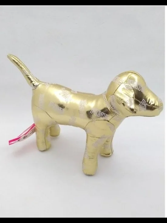 Victoria's Secret Gold Metallic Plush Dog Toy with Pink Tag