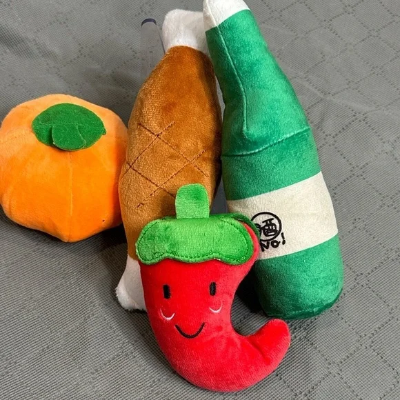 Plush Small to Medium Dog Dog Toy Set Turkey Leg Beer Chili Pepper and Pumpkin