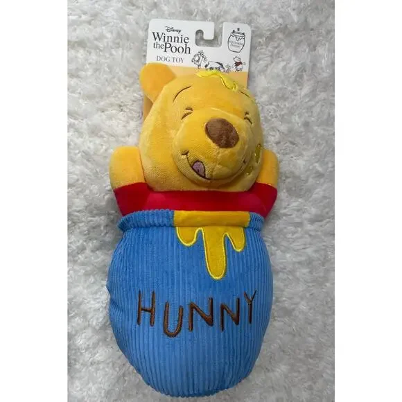 Disney Winnie the Pooh Dog Squeaky Toy Honey Pot Plush Squeaker Yellow Blue NEW