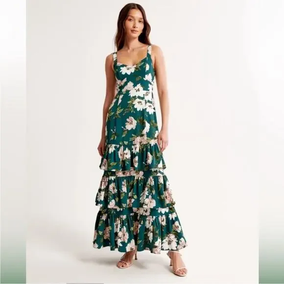 A&F Drama Ruffle Tiered Maxi Dress in Green Floral