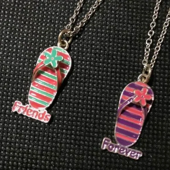 Set of 2 Justice Friends Forever Floral Stripe Beach Sandal Enamel Necklaces