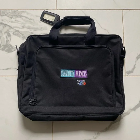 Vintage 1990s 90s Charlotte Hornets Laptop Crossbody Side Bag Black Teal Purple