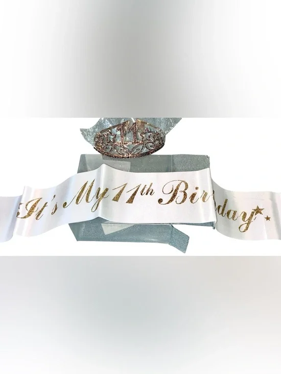 11th Birthday Rose Gold Tiara and Gold Sash Party Set