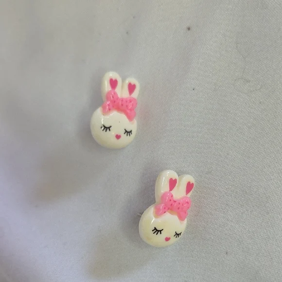 Easter Bunny Earrings Pink bows Sleeping Rabbit Lightweight Good Condition