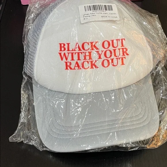 White, Red and Grey Trucker Hat-Black Out With Your Rack Out NWT