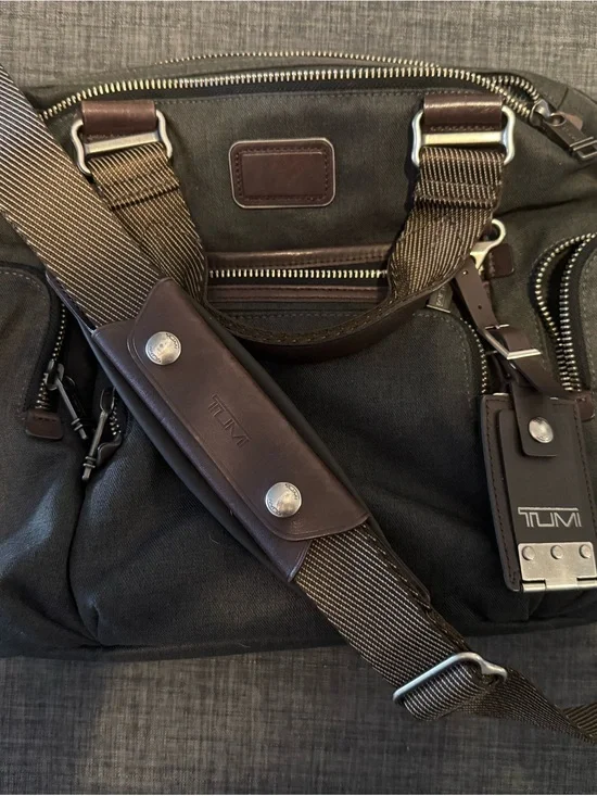 Tumi Black Canvas Messenger Bag with Brown Leather Trim