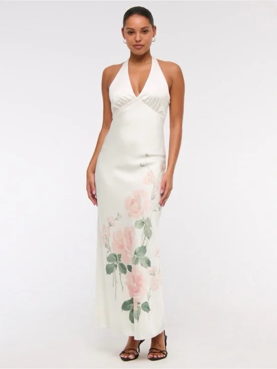 Abercrombie & Fitch Ivory Halter Maxi Dress with Blush Floral Print