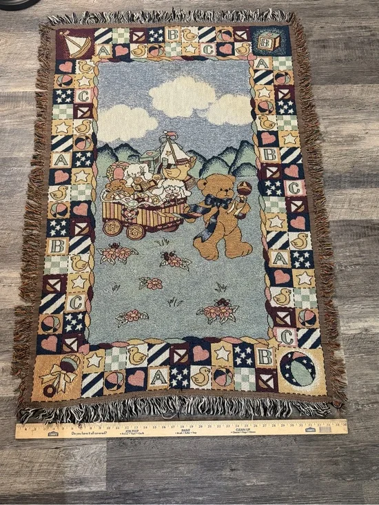 Vintage Teddy Bear Nursery Tapestry Throw Blanket ABC Ducks Baby Room Decor