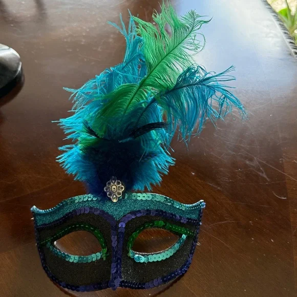 Colorful Feathered Masquerade Mask turquoise green cobalt blue sequined feathers