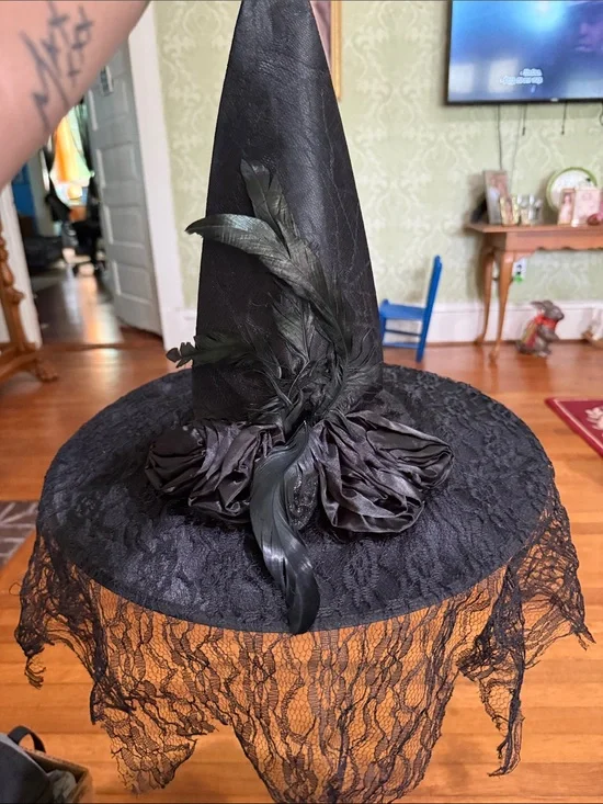 Black Lace Witch Hat with Feather Trim -