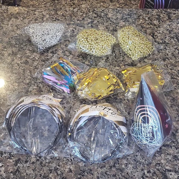 Happy New Year party set hats, necklace , pom pons new
