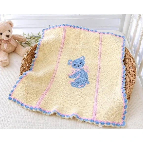 Vintage Crochet Baby Blanket Teddy Bear Pastel Nursery Afghan Handmade 35