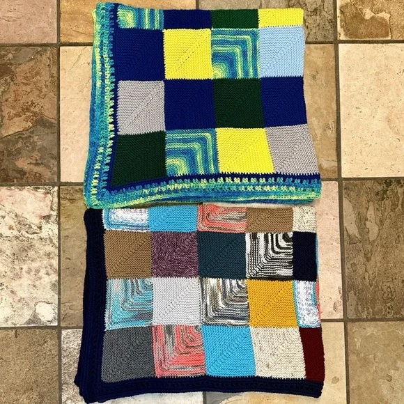 2pc Pair VTG Handmade Multicolor Geometric Crochet Afghan Throw Blanket 54x48