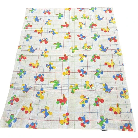 Baby Blanket White Duck Rabbit Pull Toy Pattern USA Vintage Days