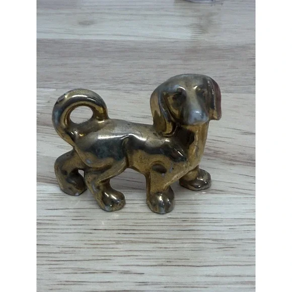 Ceramic Gold Colored Dachshund Wiener Dog Miniature‎ Figurine Japan 1950s #AA