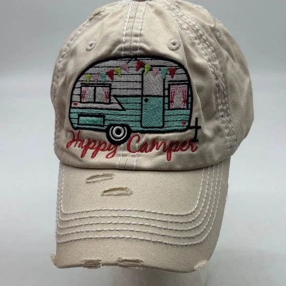 Kbethos Vintage Happy Camper Embroidered Off white Cap Adjustable HT8786