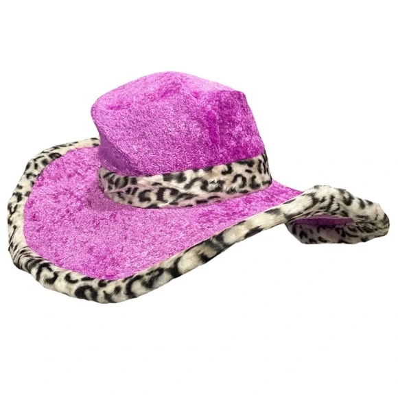 Halloween Costume Hat Pimp Daddy Velvet Faux Leopard Fur Wide Brim Purple New