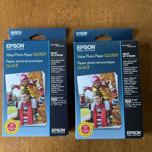 2 - Epson Value Photo Paper 4x6 100 Sheets Glossy for Inkjet Printers- NEW