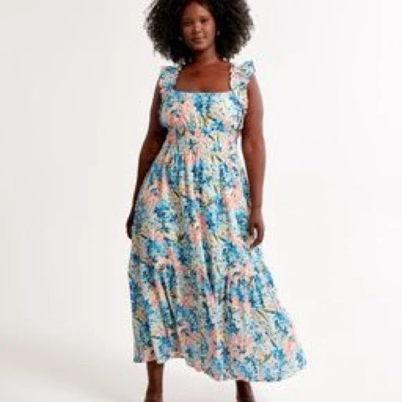 Abercrombie & Fitch Floral Smocked Maxi Dress Blue Pink Ruffle XS 159D2300