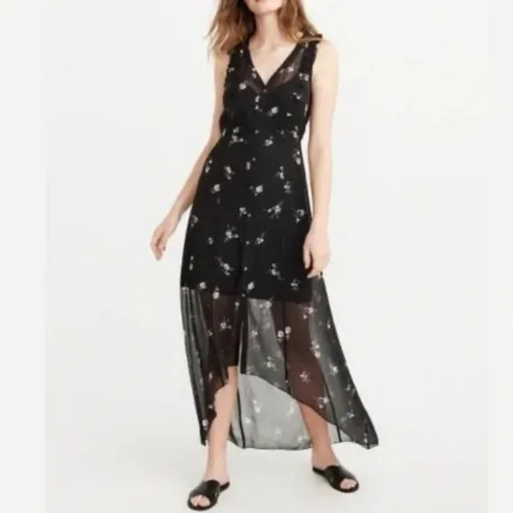 Abercrombie & Fitch sheer maxi over mini sleeveless floral dress black small