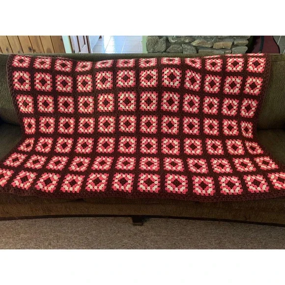 Handmade Granny Square Crochet Throw Blanket Afghan Brown Pink 63x42 Retro Boho
