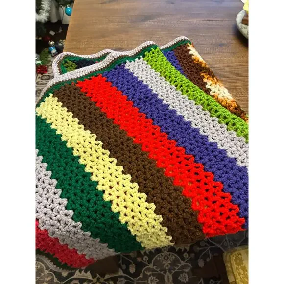 Vintage Hand Crocheted Blanket – Cream with Pastel Stripes