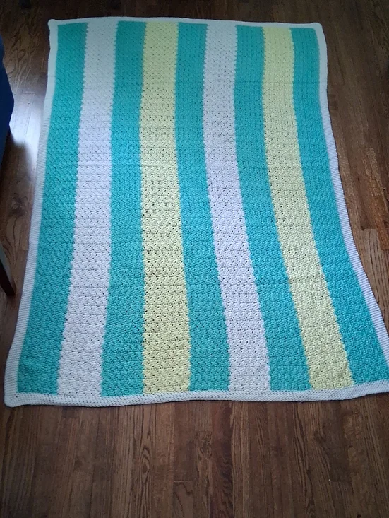 Vintage Handmade Mint Green, Pale Yellow and White Crocheted Striped Afgan