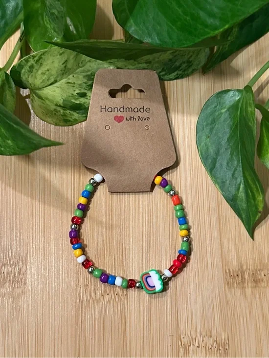 🌈✨ Rainbow Stretchy Beaded Bracelet | Handmade | Clay Rainbow Charm 🌈