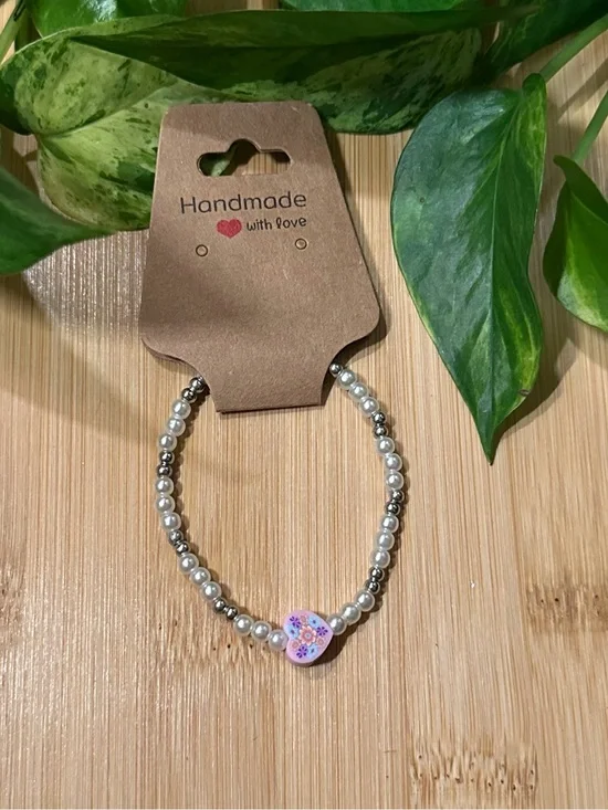 💖✨ Heart Stretchy Beaded Bracelet | Handmade | Clay Heart Charm 💖