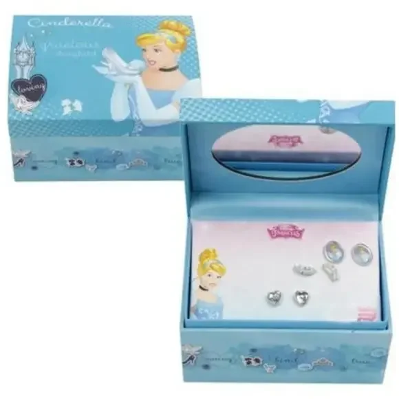 3 Pair Set Disney Princess Cinderella Earrings with Keepsake Blue Jewelry‎ Box