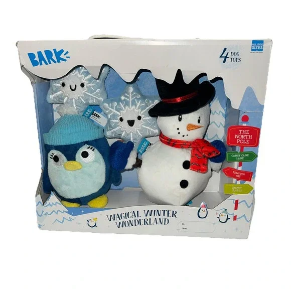 Bark Wagical Winter Wonderland 4 Dog Toys Squeaker Penguin Snowman Snowflake New