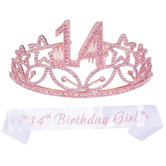 NWT 14th Birthday Party Princess Tiara and Sash in Gold and Pink Rhinestones