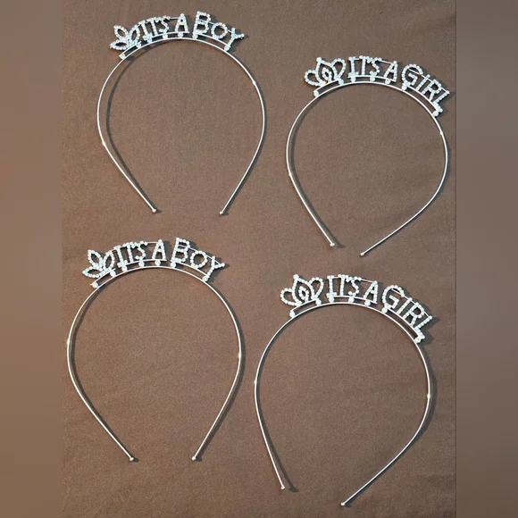 4 Pack Metal Rhinestone Silver Gender Reveal/Baby Shower Headbands