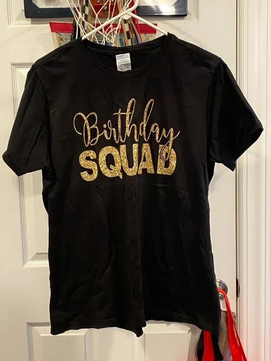 Birthday Squad T-Shirt - Black with Gold Glitter Text